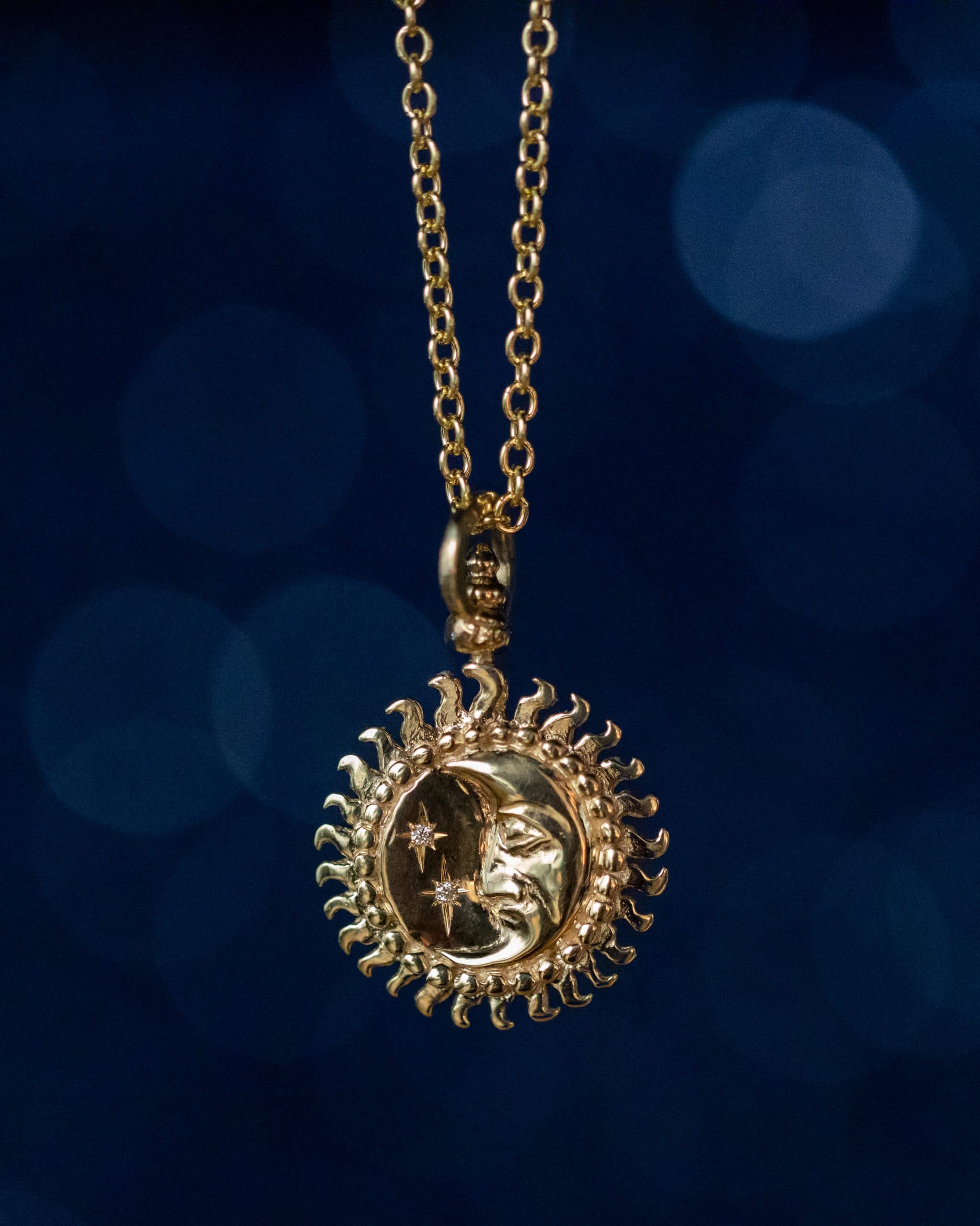 Gold Sun and Moon Charm Necklace featuring Cubic Zirconia – Honey Bee Home