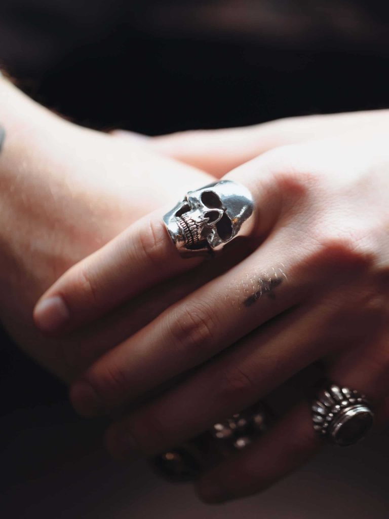 A Medium Anatomical Skull Ring on a hand.